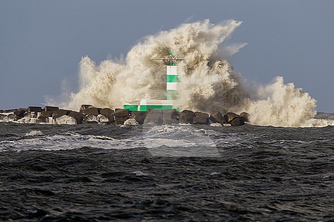 Big waves crashing against the lighthouse at the tip of the pier of Ijmuiden, Netherlands, during severe storm over the North Sea. stock-image by Agami/Menno van Duijn,
