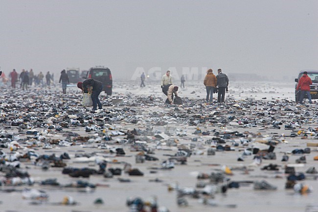 People collecting cargo spill on the beach; Strandjutters Terschelling stock-image by Agami/Arie Ouwerkerk,