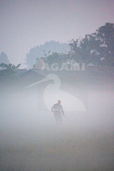 Farmer in the mist Vinkeveen Netherlands, Boer in de mist bij Vinkeveen Nederland stock-image by Agami/Marc Guyt,